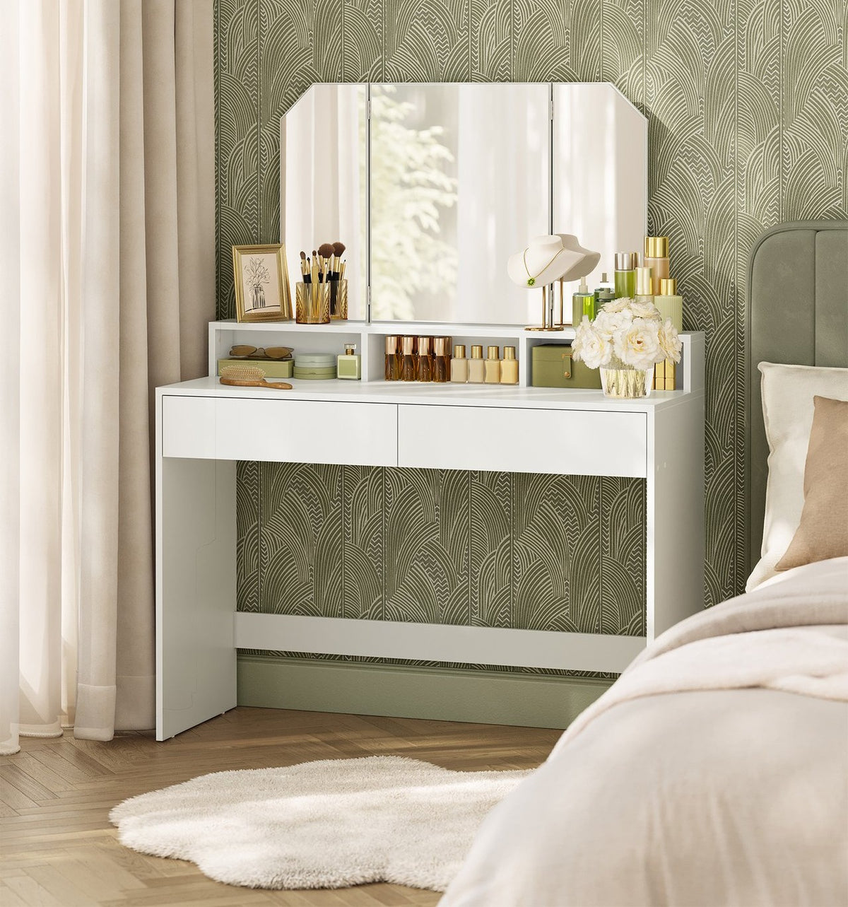 Kaptafel met Driedelige Klapspiegel – 2 Lades & 3 Open Vakken – Wit – 100 x 40 x 142 cm