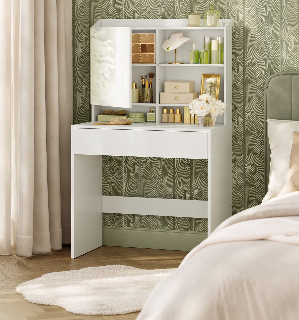 Kaptafel met Spiegeldeur en Opbergvakken – Verstelbare Planken & Lade – Wit – 70 x 40 x 136 cm