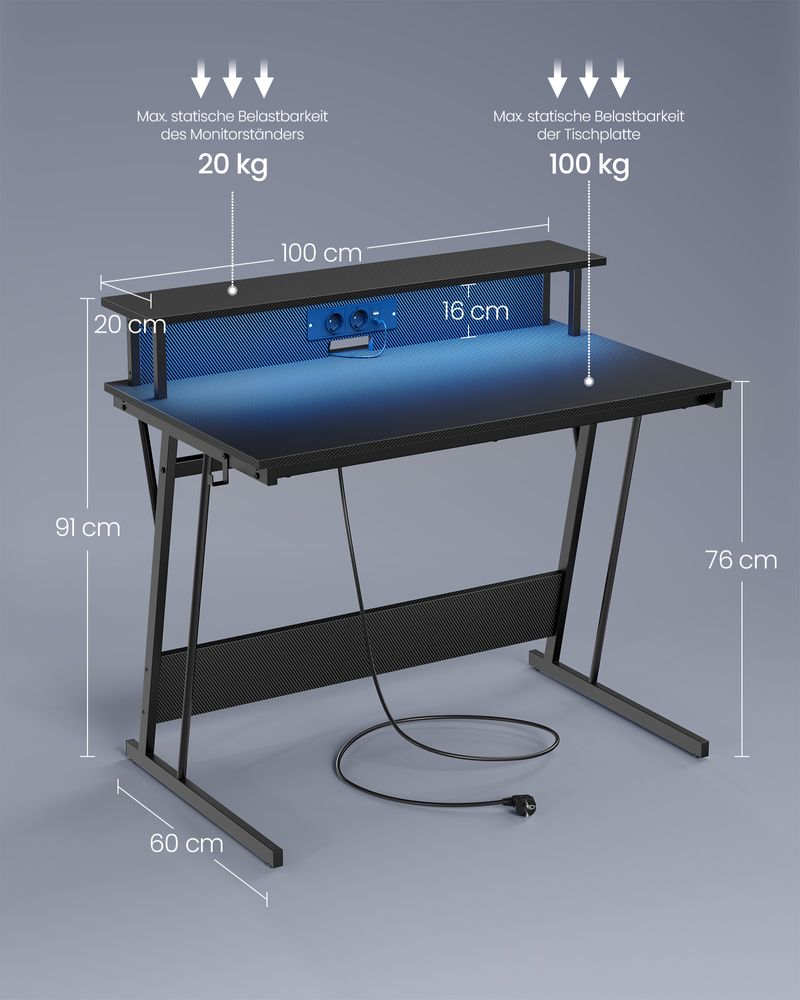 Gamebureau met LED - Gaming Tafel met Stopcontact en USB - aansluiting - De Vries Meubels