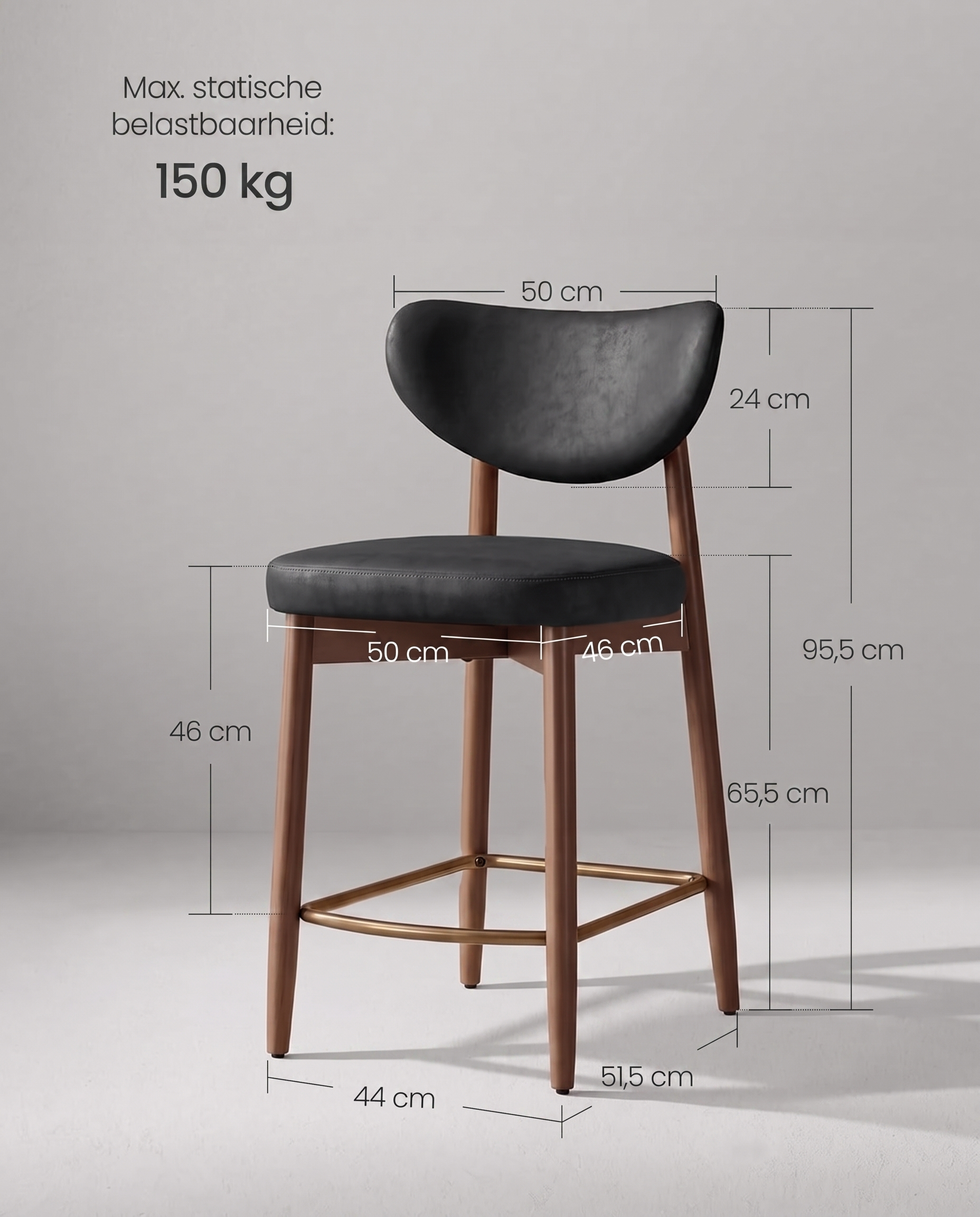 Maattabel barkruk: zithoogte 65,5 cm, totale hoogte 95,5 cm, max. 150 kg