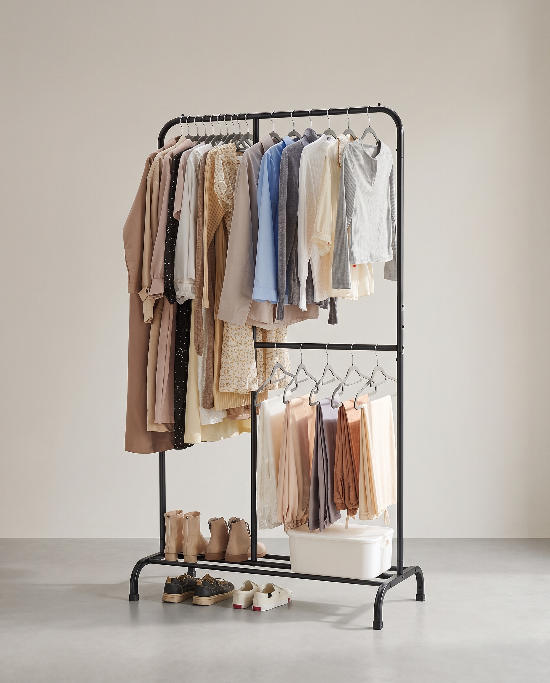 Zwart kledingrek met dubbele hangsectie en schoenenplank