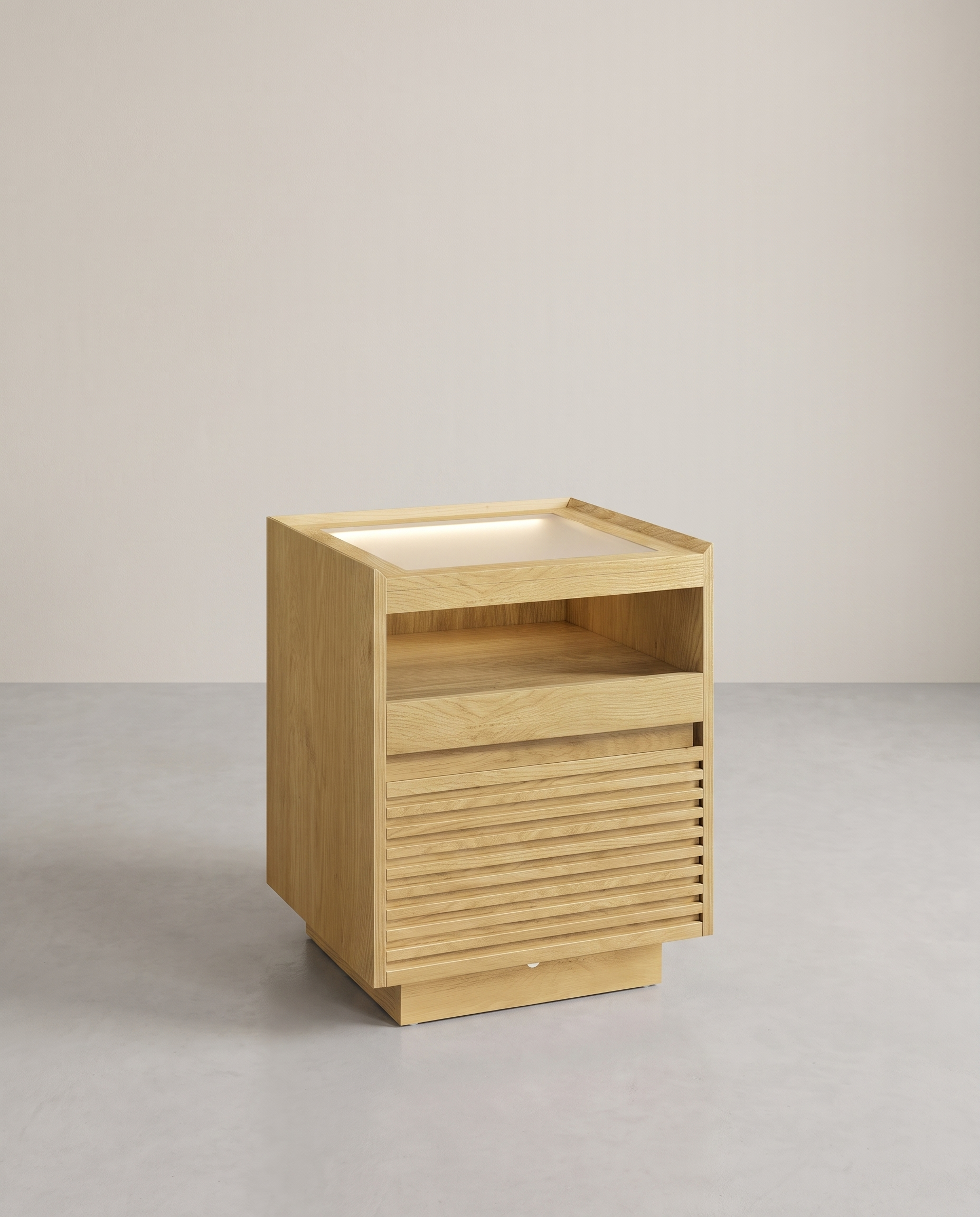 Nachtkastje met LED-verlichting, lade en uitschuifbare plank in naturel eiken