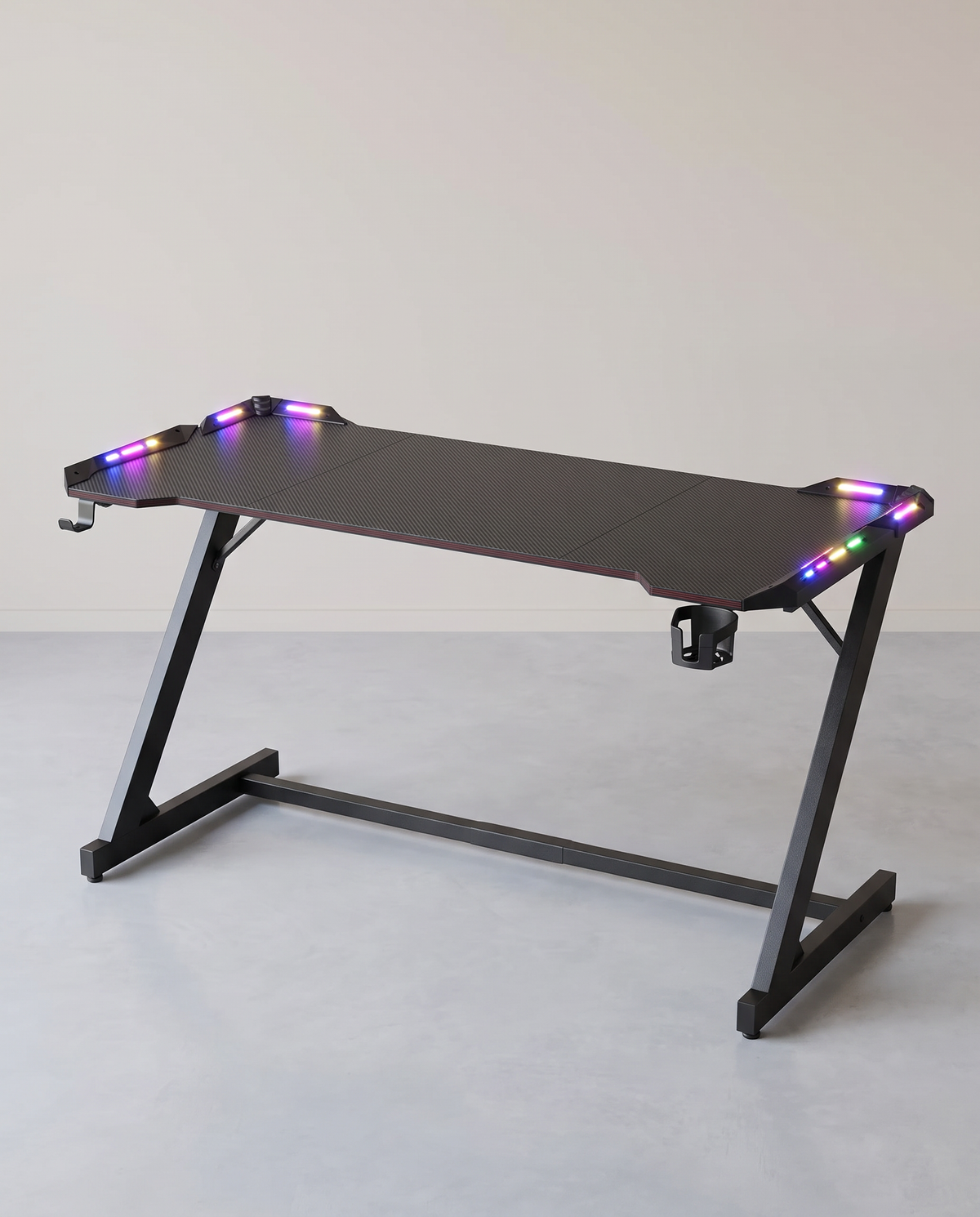 Gamebureau met RGB LED-Verlichting – Z-Vormig Stalen Frame – Carbonlook Blad – Bekerhouder & Koptelefoonhaak