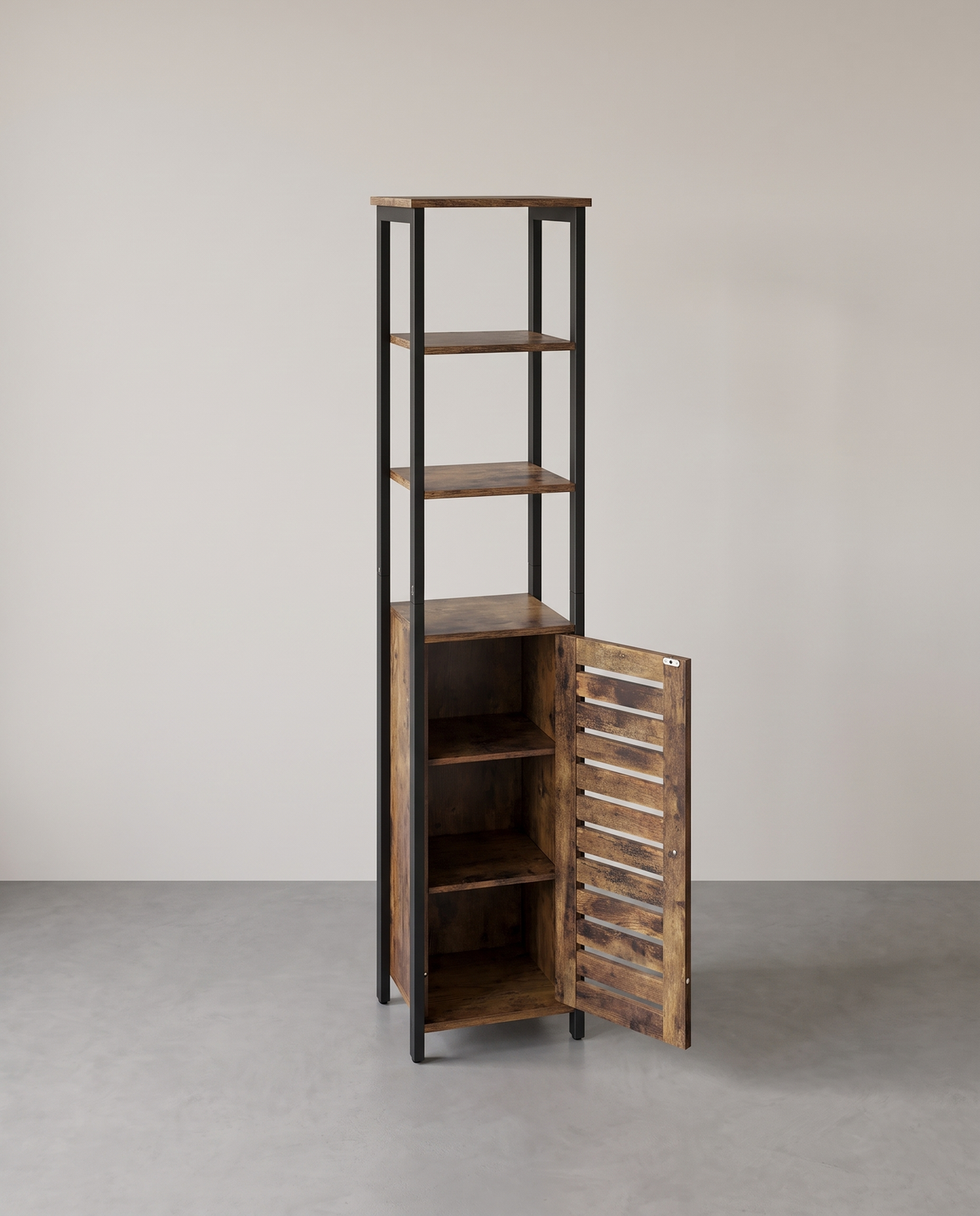 Hoge Kast met Lamellendeur – Smalle Opbergkast met Open Planken – Industrieel – 37 x 30 x 167 cm