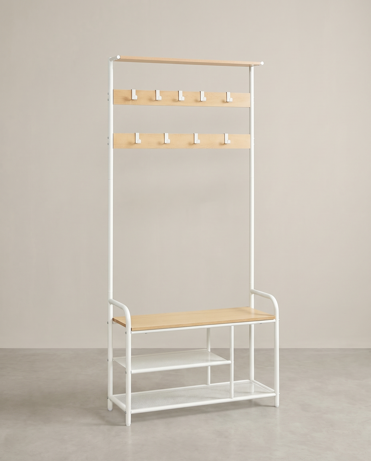 Kapstok met Zitbank – Haken, Bovenplank & 2 Schoenenplanken – Metalen Frame – 85 x 180 cm
