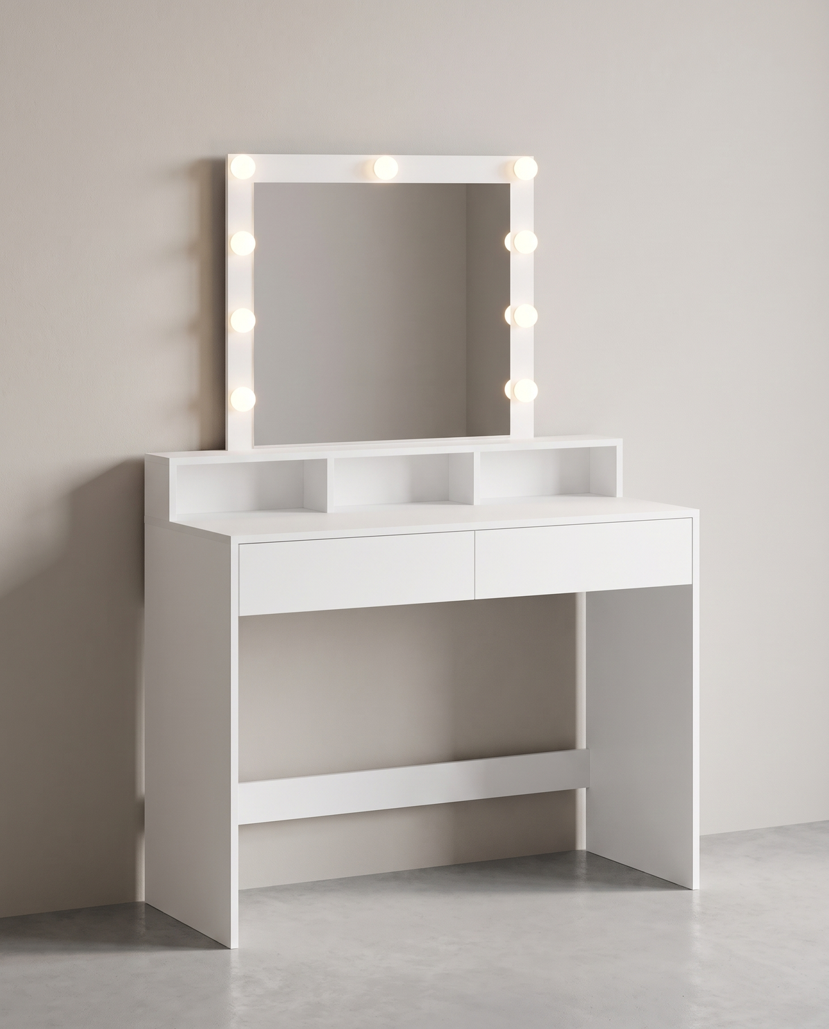 Kaptafel met LED-Spiegel – Dimbare Verlichting – 2 Lades & 3 Open Vakken – Wit – 100 x 40 x 145 cm