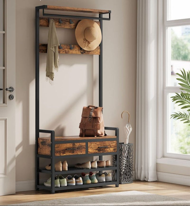 COSTWAY 184 cm kapstok met schoenenrek, met bankje, inclusief 11 haken, metalen frame