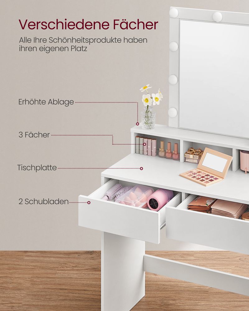 Kaptafel met Verlichting - Make - up tafel - Kaptafel met Lade en Spiegel - De Vries Meubels