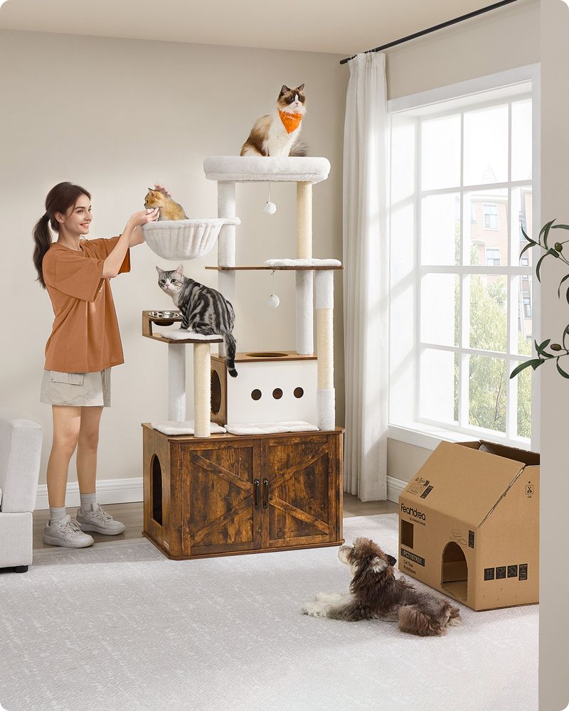 Kattenkrabpaal 170 cm - Grote Krabpaal met Kattenhuis - Verhoogde Voerbakken & Opbergruimte - De Vries Meubels