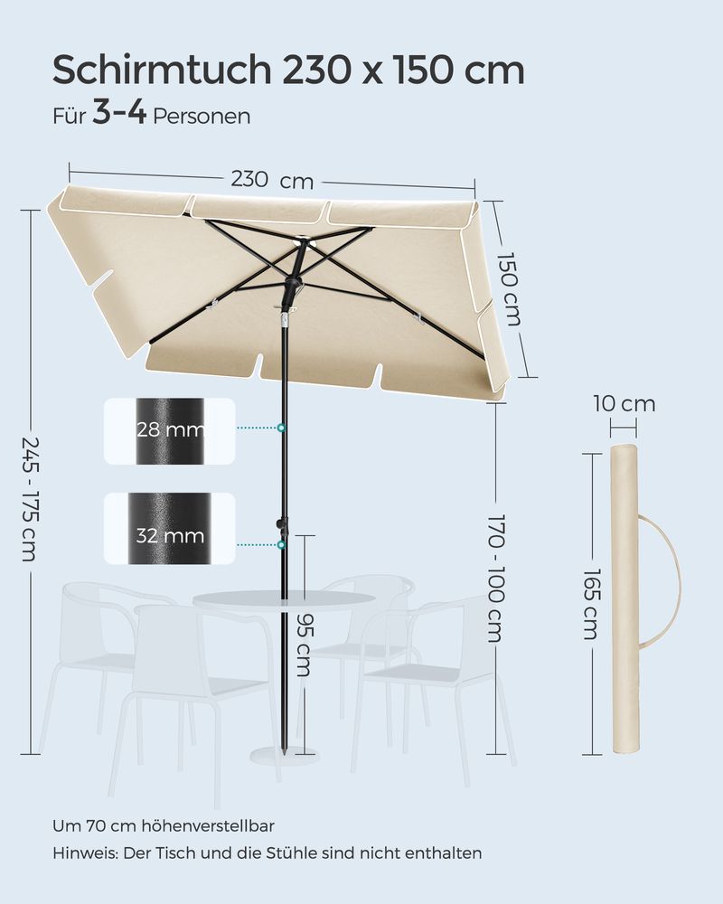 Rechthoekige Parasol - Kantelbaar - Hoogte Verstelbaar - UV - bescherming tot UPF 50+ - De Vries Meubels