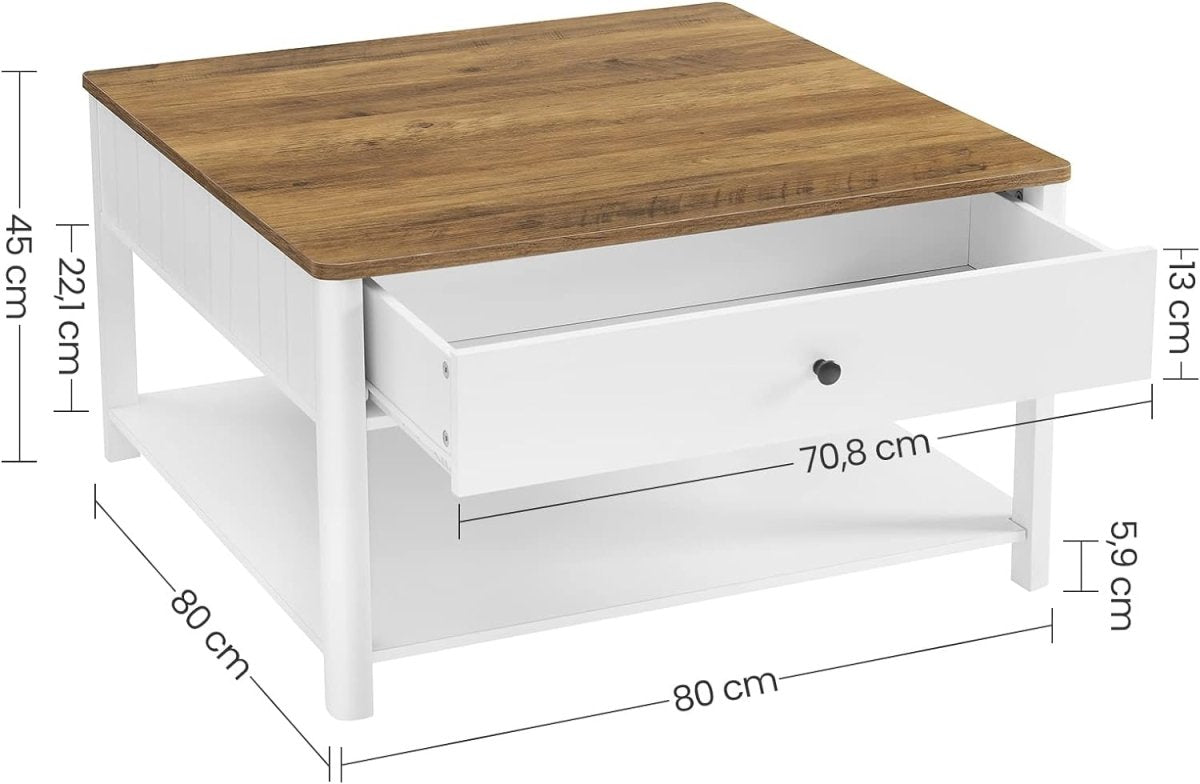 Salontafel met Lade - Bruin tafelblad - Wit onderstel - Koffietafel - 80 x 80 cm - De Vries Meubels