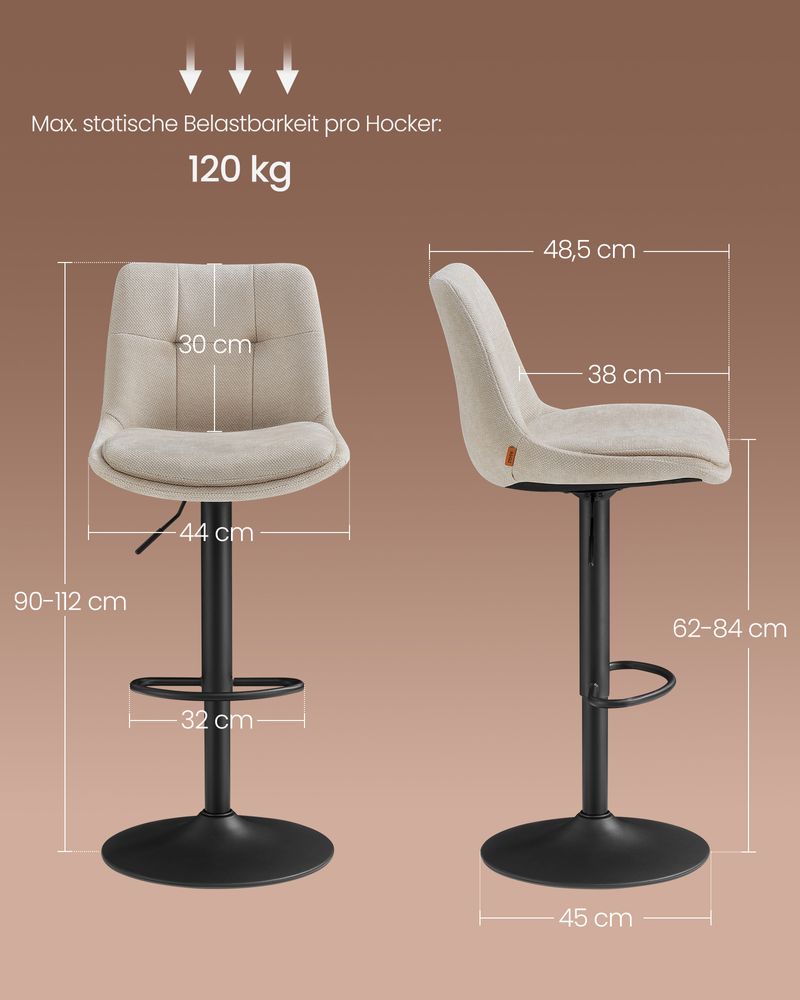 Set van 2 verstelbare barstoelen met rugleuning en voetsteun - 360° draaifunctie - De Vries Meubels