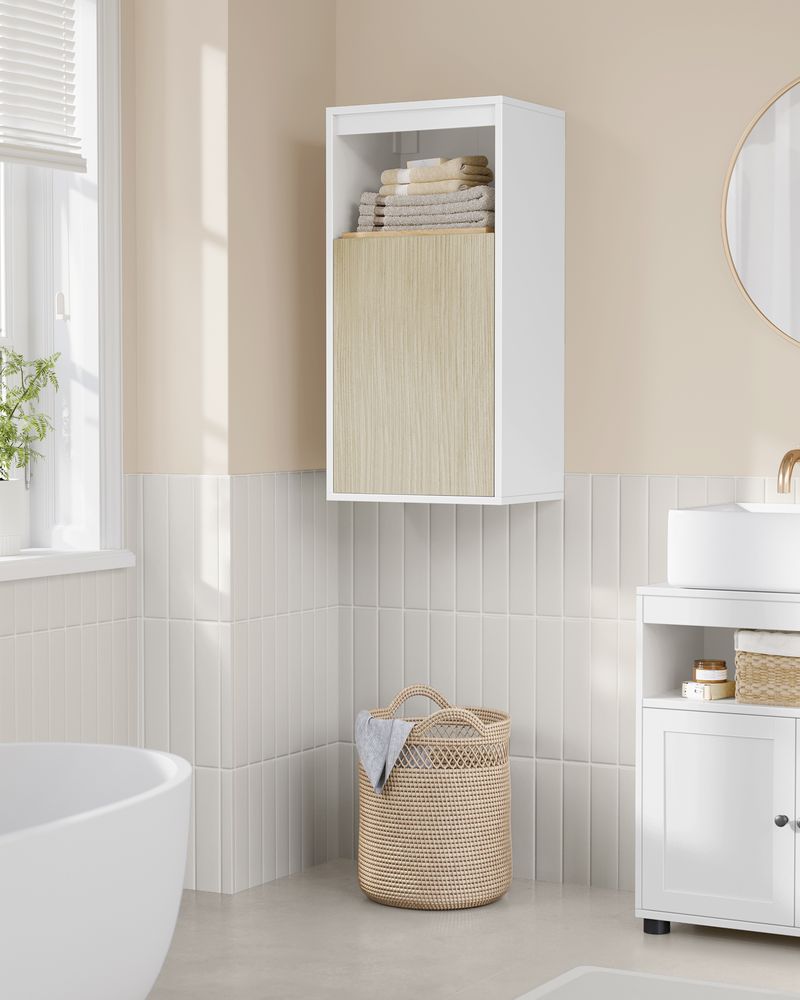 Wandkast voor de Badkamer – Wit & Natuurlijk Beige – 30 x 40 x 80 cm - De Vries Meubels